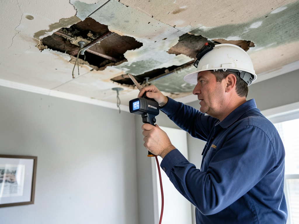 Urgent roof leak damage repair and ceiling restora